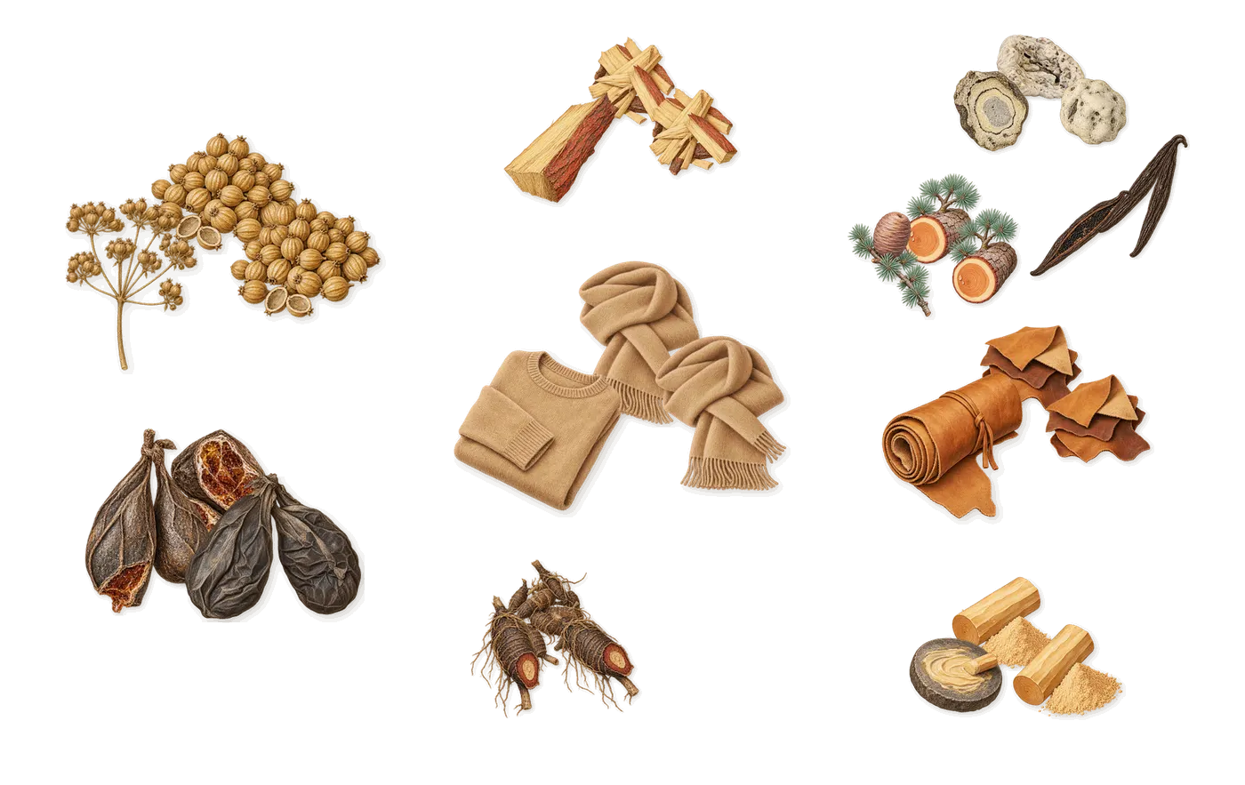 Shadid’s scent picture, a draft: coriander, castoreum impression, cypriol, rosewood, animalic musks, sandalwood drawn so far; dashed outlines where nothing is drawn yet