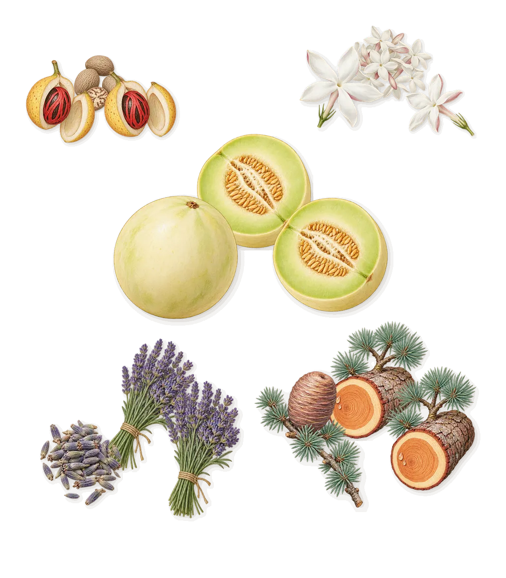 North Star, as it settles: Lavender, Cedar, Jasmine, Nutmeg, Melon