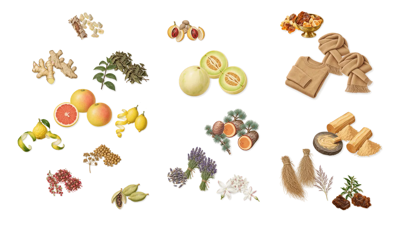 North Star’s scent picture, a draft: bergamot, cardamom, lavender, cedar, amber, vetiver drawn so far; dashed outlines where nothing is drawn yet