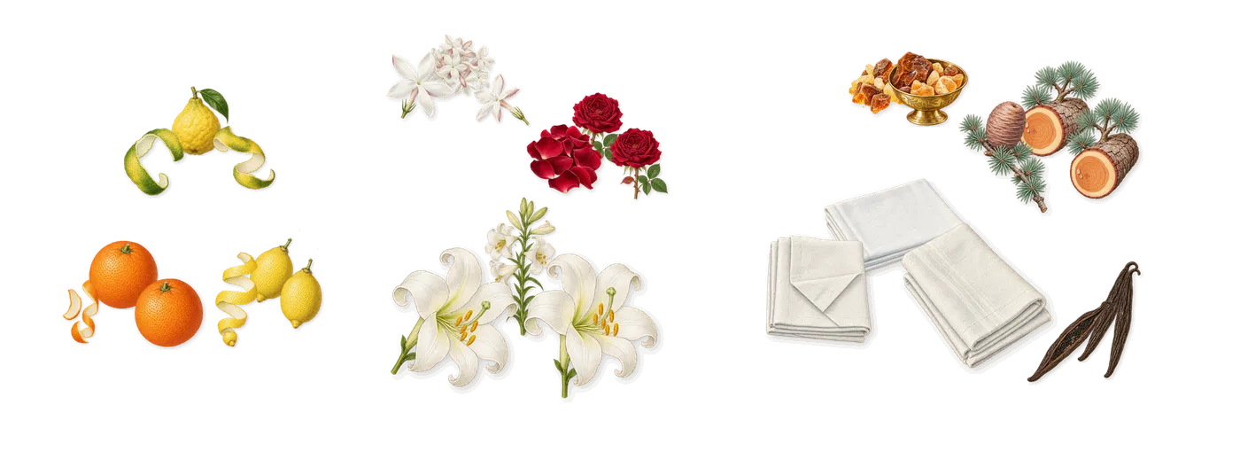 Secret’s scent picture, a draft: bergamot, lemon, jasmine, rose, amber, cedar drawn so far; dashed outlines where nothing is drawn yet