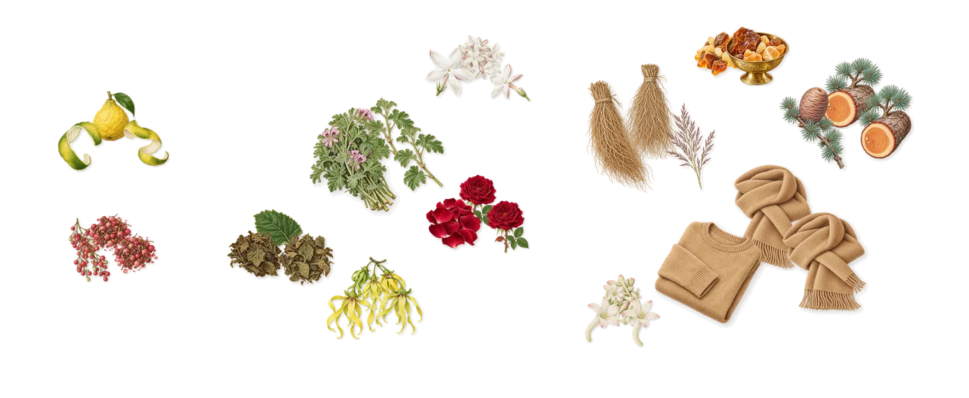 Twilight’s scent picture, a draft: bergamot, pink pepper, rose, geranium, patchouli, amber drawn so far; dashed outlines where nothing is drawn yet