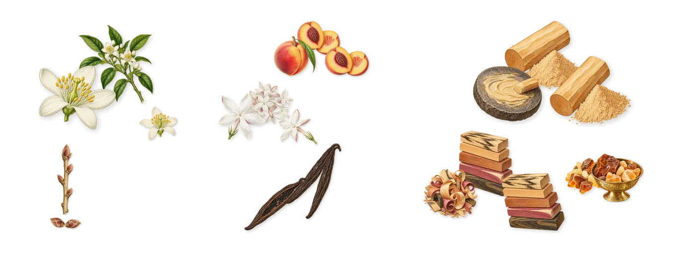 1938’s scent picture, a draft: bergamot, blackcurrant, jasmine, peach, vanilla, amber drawn so far; dashed outlines where nothing is drawn yet