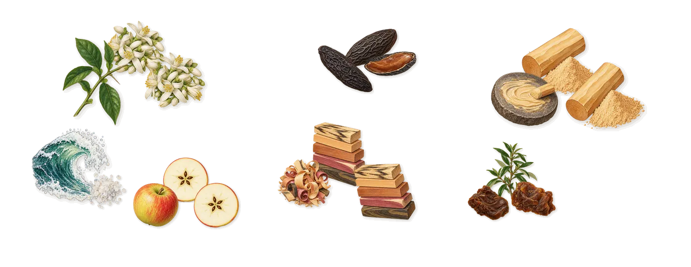 Star Chaser’s scent picture, a draft: marine notes, neroli, apple, tonka, dry wood, labdanum drawn so far; dashed outlines where nothing is drawn yet