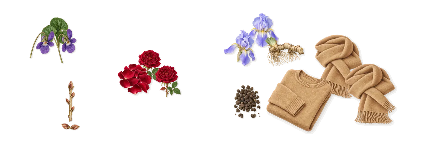Rose Gold’s scent picture, a draft: blackcurrant, rose, ambrette, violet, musk, iris drawn so far; dashed outlines where nothing is drawn yet