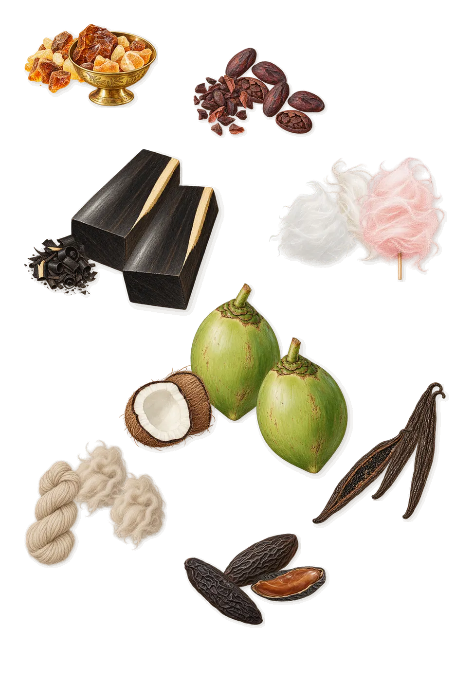 Andromeda, what stays: Coconut, Amber, Vanilla, Cashmere wood, Ebony, Tonka (coumarin), Powdered sugar, Cacao