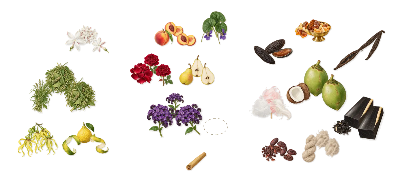 Andromeda’s scent picture, a draft: bergamot, cut grass, ylang-ylang, jasmine, violet, rose drawn so far; dashed outlines where nothing is drawn yet