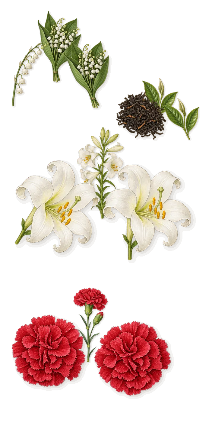 Cassiopea, as it settles: Carnation, Lily of the valley, Tea, Lily
