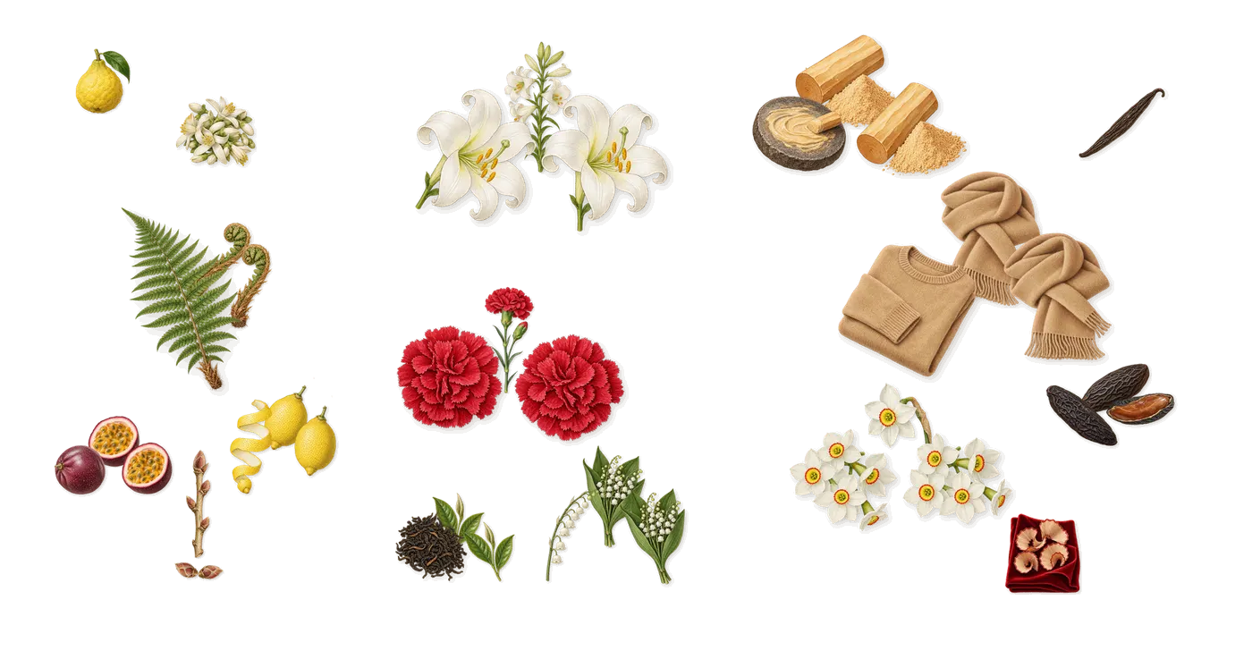 Cassiopea’s scent picture, a draft: passion fruit, lemon, blackcurrant, fern, carnation, lily of the valley drawn so far; dashed outlines where nothing is drawn yet