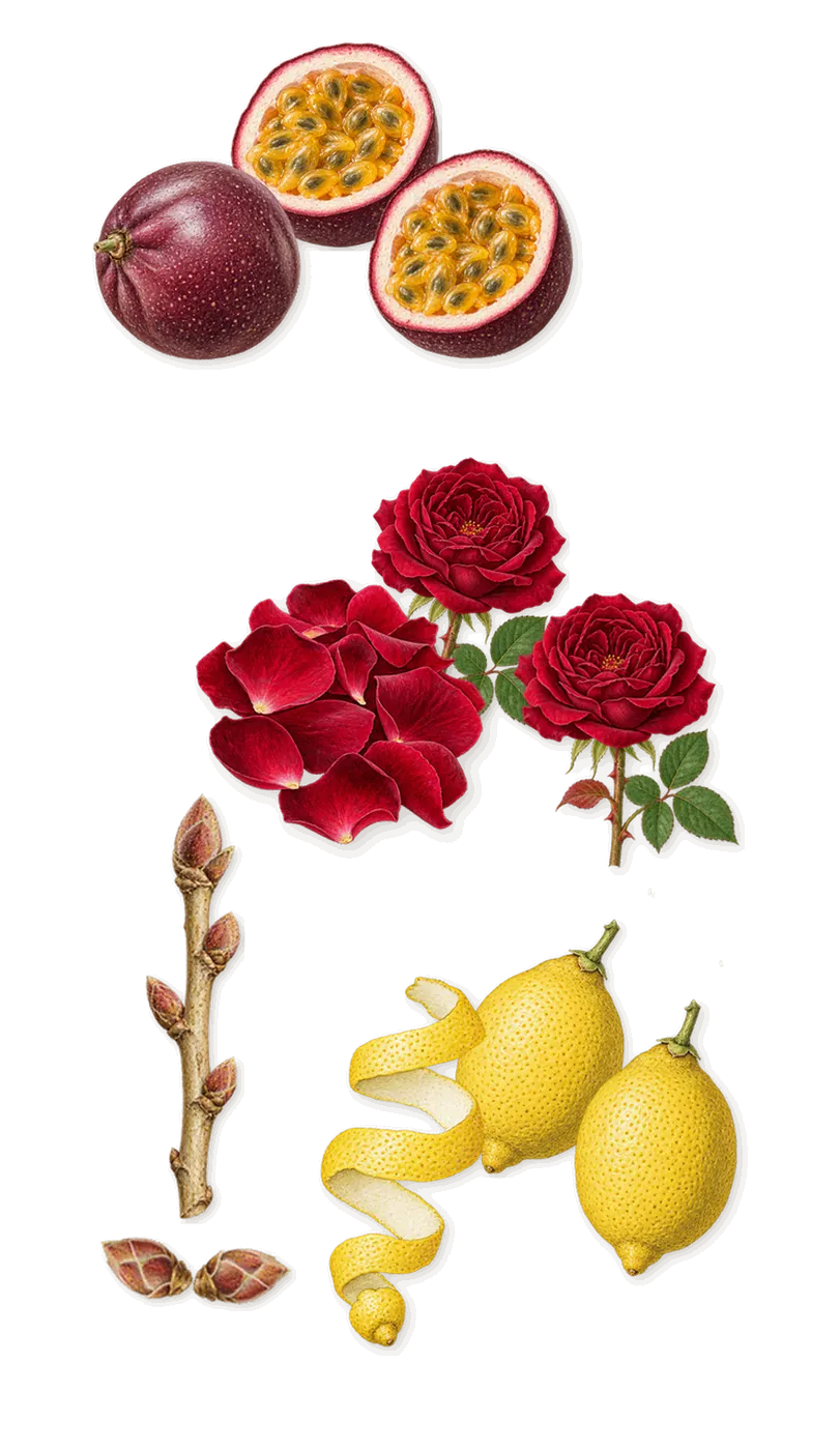 Halley, when you spray it: Passion fruit, Lemon, Blackcurrant, Rose