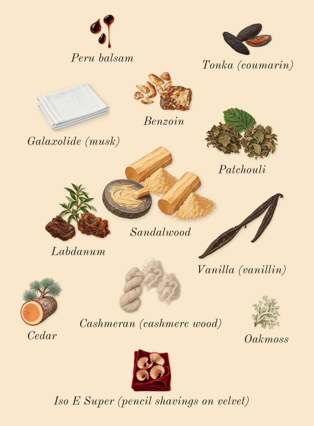 Bitter Peach, dry-down: Labdanum, Patchouli, Sandalwood, Benzoin, Cashmeran (cashmere wood), Vanilla (vanillin), Tonka (coumarin), Oakmoss, Peru balsam, Cedar, Iso E Super (pencil shavings on velvet), Galaxolide (musk)