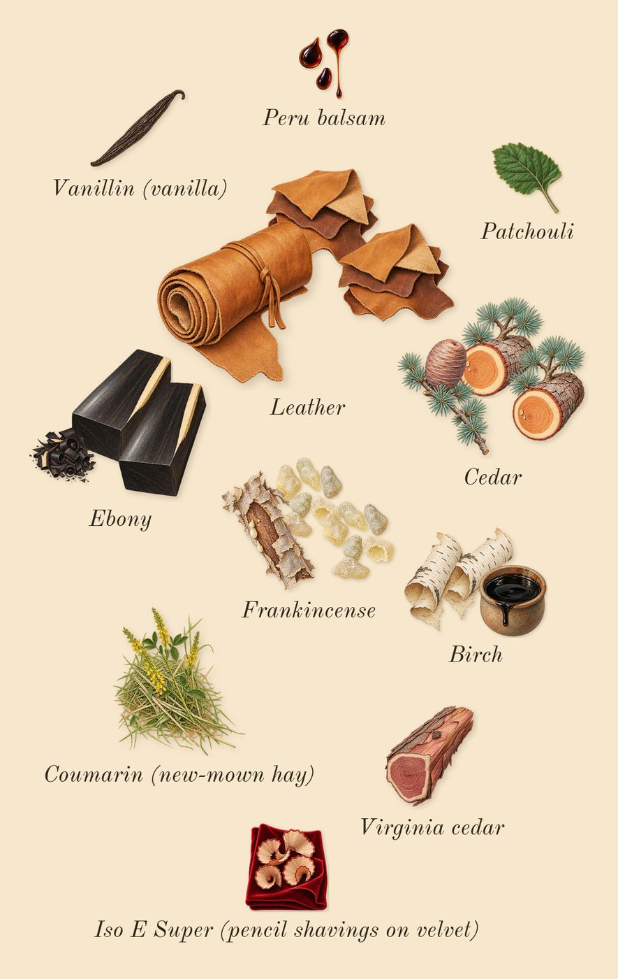 Black Lacquer, dry-down: Ebony, Frankincense, Cedar, Leather, Birch, Virginia cedar, Patchouli, Peru balsam, Iso E Super (pencil shavings on velvet), Coumarin (new-mown hay), Vanillin (vanilla)