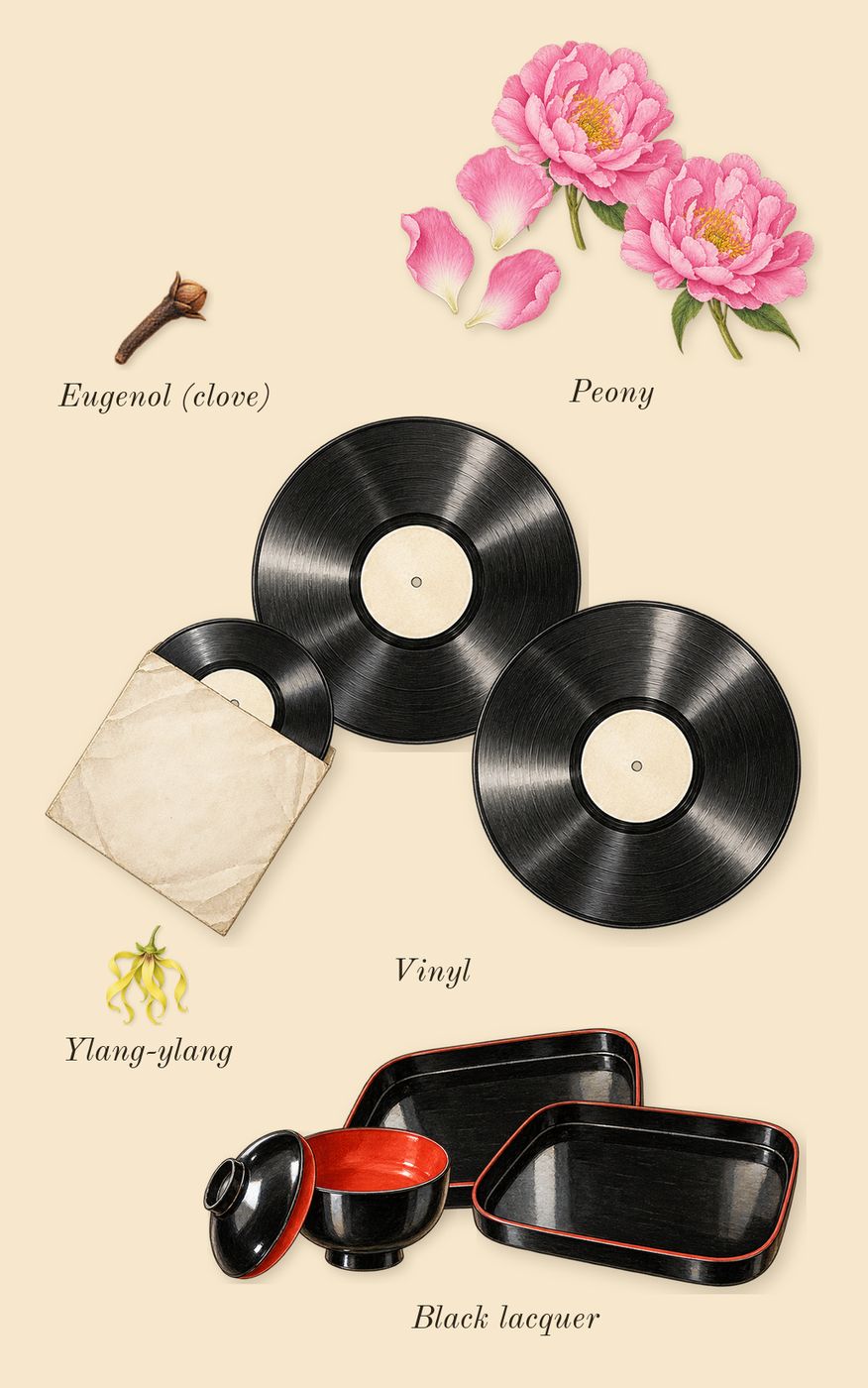 Black Lacquer, heart: Black lacquer, Peony, Vinyl, Ylang-ylang, Eugenol (clove)