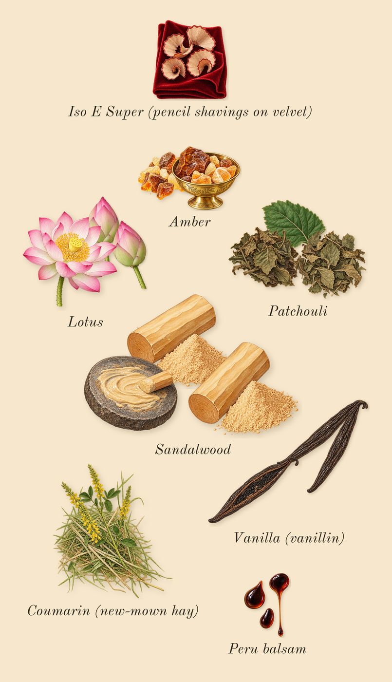 Black Orchid, dry-down: Patchouli, Vanilla (vanillin), Lotus, Amber, Sandalwood, Peru balsam, Iso E Super (pencil shavings on velvet), Coumarin (new-mown hay)