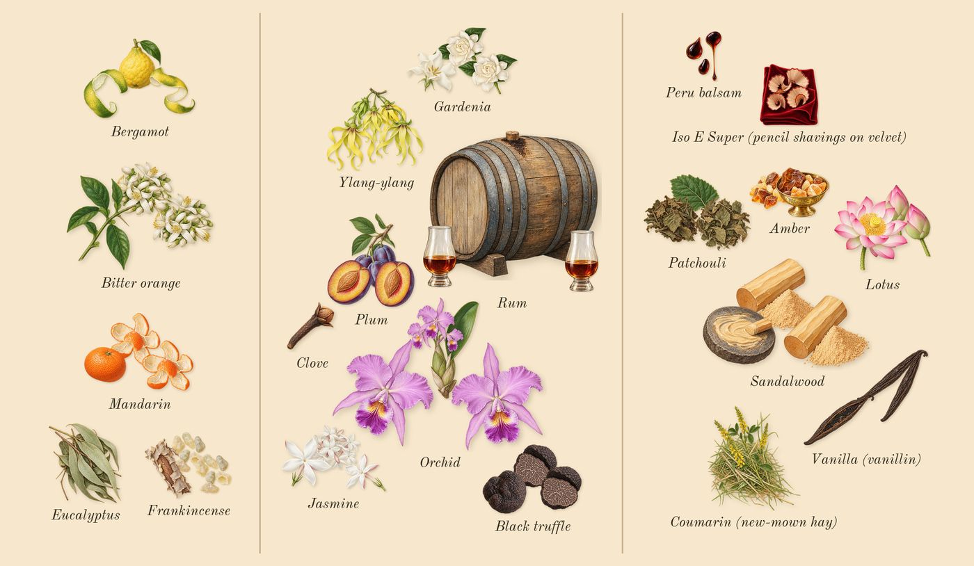 Black Orchid’s scent picture, a draft: black truffle, ylang-ylang, orchid, plum, rum, patchouli drawn so far; dashed outlines where nothing is drawn yet