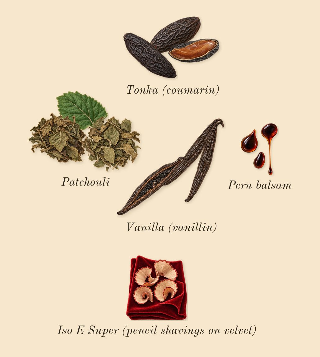 Black Orchid Reserve, dry-down: Patchouli, Tonka (coumarin), Vanilla (vanillin), Peru balsam, Iso E Super (pencil shavings on velvet)