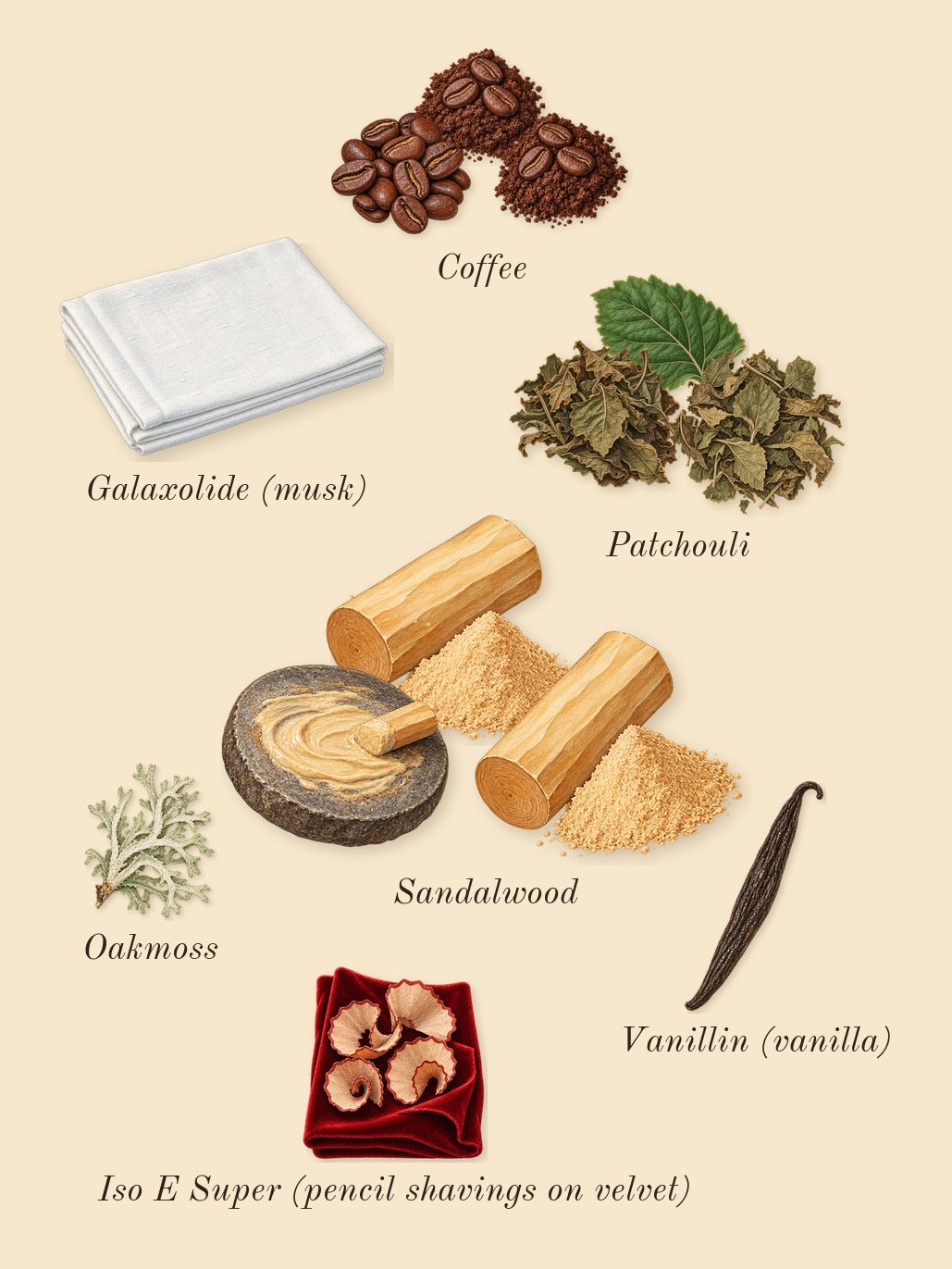 Café Rose, dry-down: Coffee, Patchouli, Sandalwood, Oakmoss, Iso E Super (pencil shavings on velvet), Galaxolide (musk), Vanillin (vanilla)