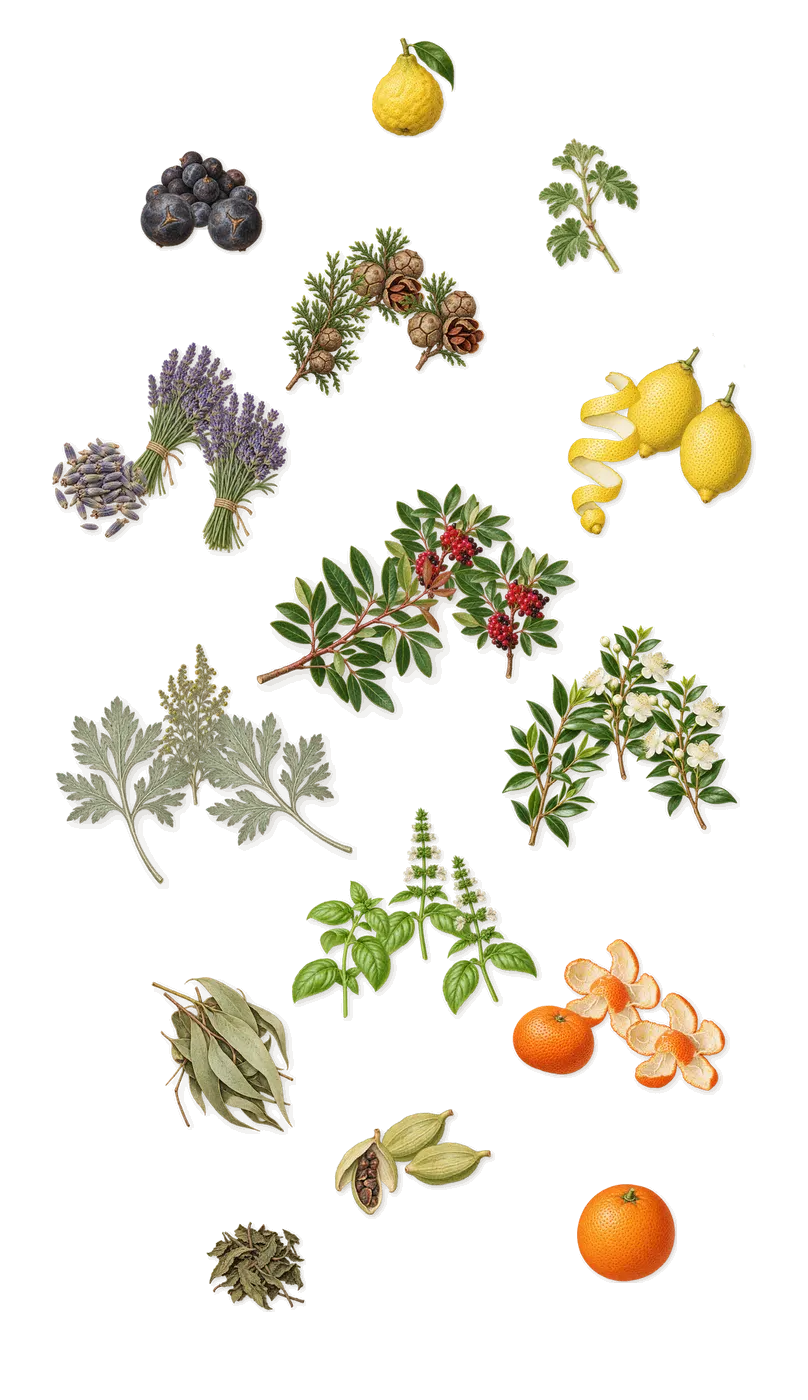 Costa Azzurra, when you spray it: Lemon, Cypress, Lavender, Cardamom, Artemisia, Juniper, Myrtle, Basil, Mandarin, Lentisk, Bergamot, Sweet orange, Eucalyptus, Geranium, Mint