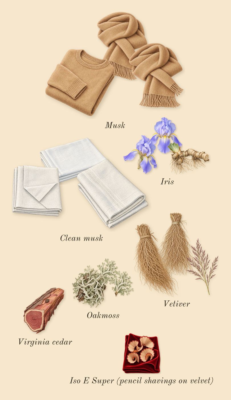 Eau de Grey Vetiver, dry-down: Iris, Musk, Vetiver, Oakmoss, Clean musk, Virginia cedar, Iso E Super (pencil shavings on velvet)