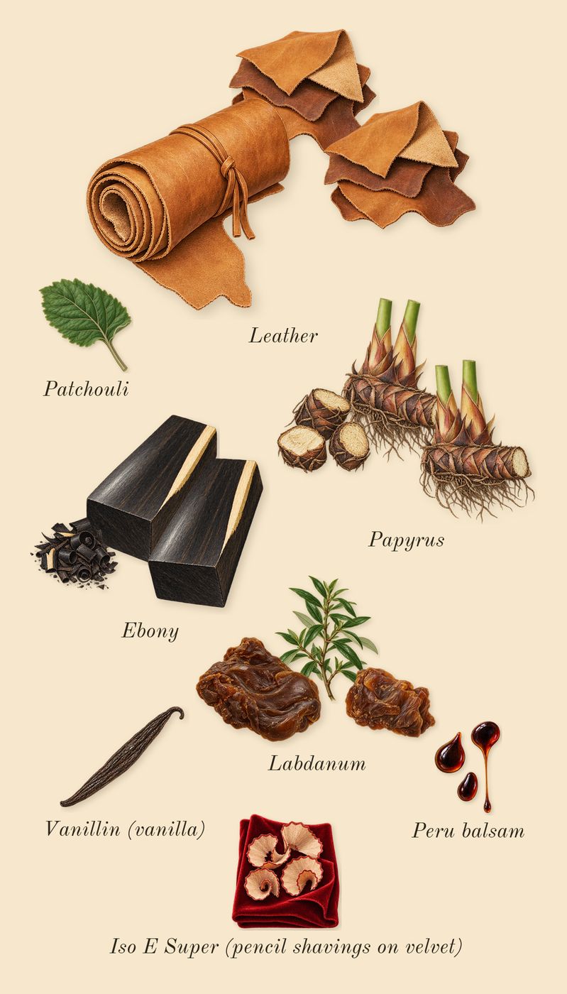 Ébène Fumé, dry-down: Ebony, Labdanum, Leather, Papyrus, Patchouli, Peru balsam, Iso E Super (pencil shavings on velvet), Vanillin (vanilla)