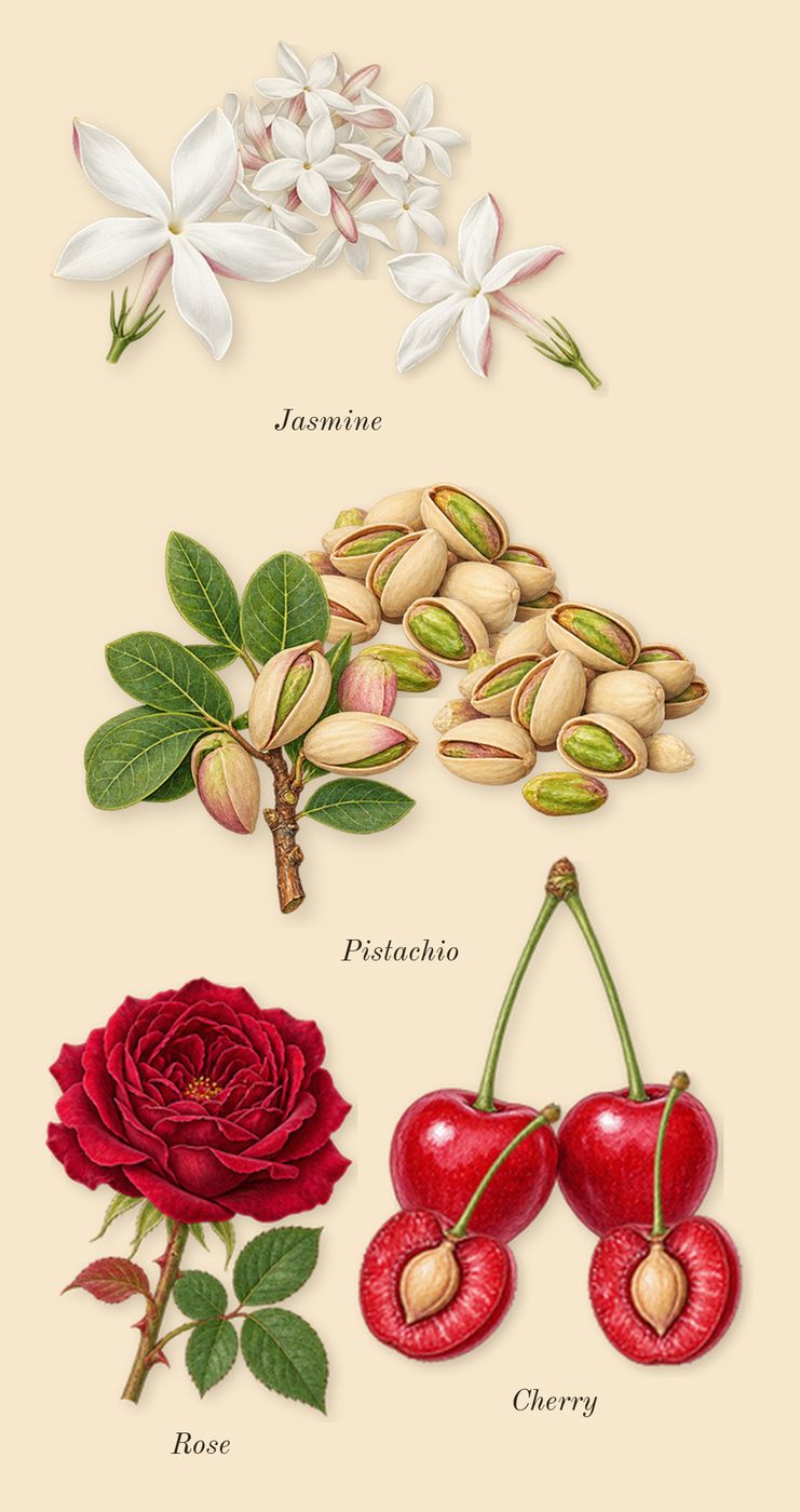 Electric Cherry, heart: Cherry, Pistachio, Jasmine, Rose