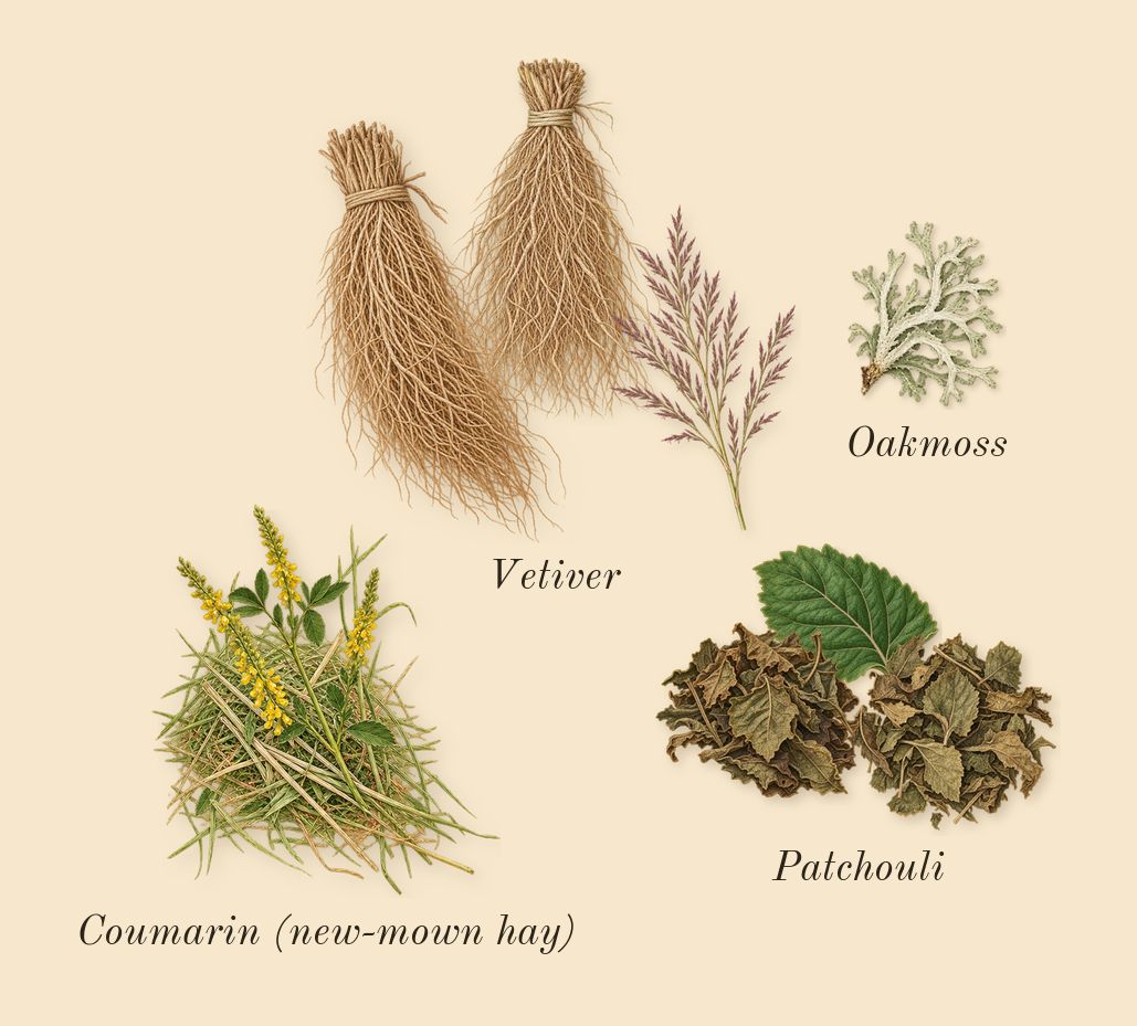 Figue Érotique, dry-down: Vetiver, Patchouli, Oakmoss, Coumarin (new-mown hay)