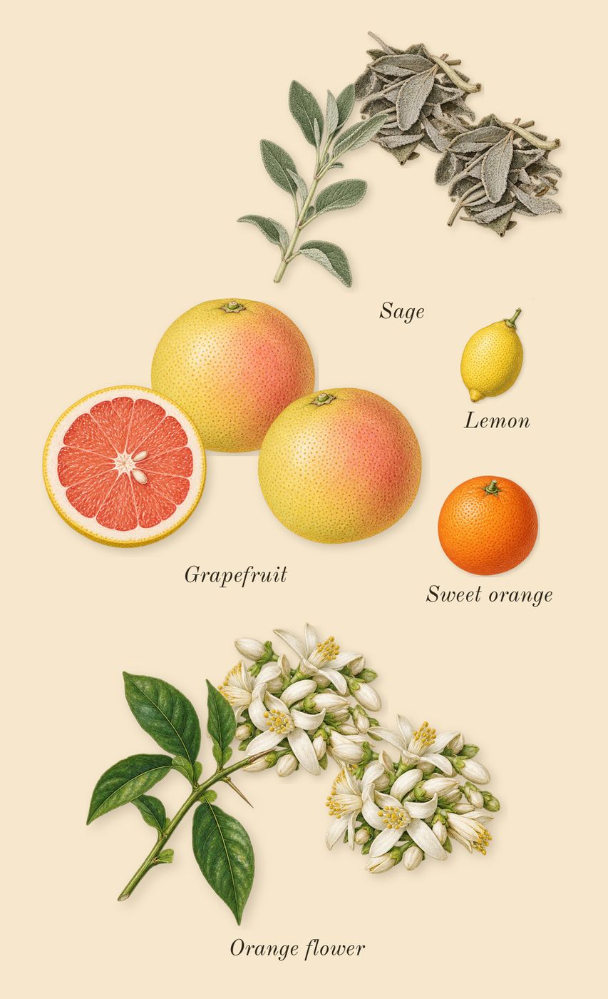 Grey Vetiver, top notes: Orange flower, Grapefruit, Sage, Sweet orange, Lemon