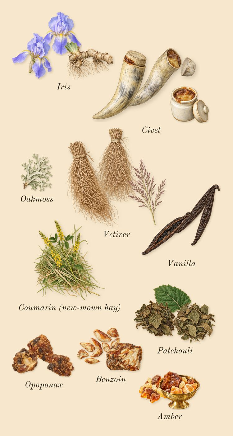 Noir, dry-down: Iris, Benzoin, Opoponax, Amber, Patchouli, Vetiver, Civet, Vanilla, Oakmoss, Coumarin (new-mown hay)