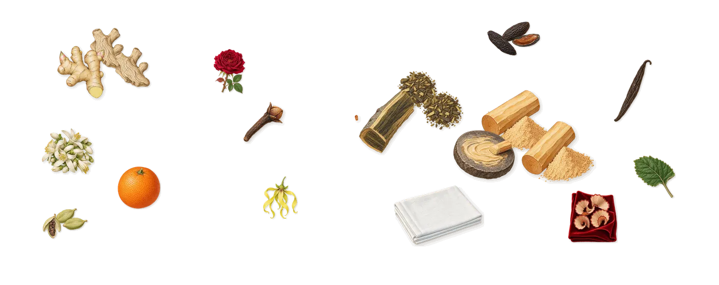 Noir Extreme’s scent picture, a draft: cardamom, ginger, tonka (coumarin), guaiacwood, sandalwood, sweet orange drawn so far; dashed outlines where nothing is drawn yet