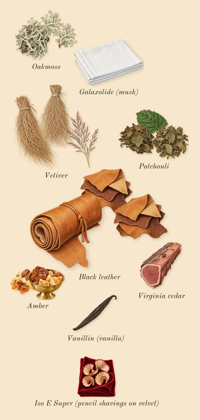 Ombré Leather, dry-down: Black leather, Patchouli, Oakmoss, Amber, Vetiver, Virginia cedar, Galaxolide (musk), Vanillin (vanilla), Iso E Super (pencil shavings on velvet)