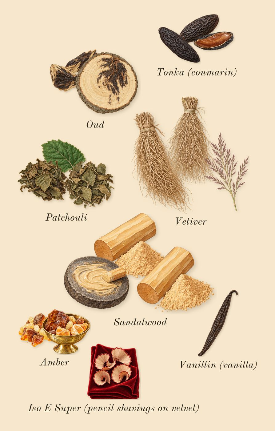 Oud Wood, dry-down: Patchouli, Amber, Oud, Tonka (coumarin), Sandalwood, Vetiver, Iso E Super (pencil shavings on velvet), Vanillin (vanilla)
