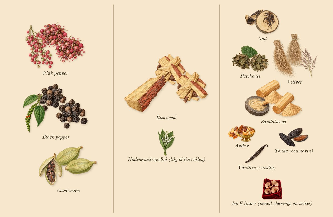 Oud Wood’s scent picture, a draft: cardamom, pink pepper, patchouli, amber, oud, tonka (coumarin) drawn so far; dashed outlines where nothing is drawn yet