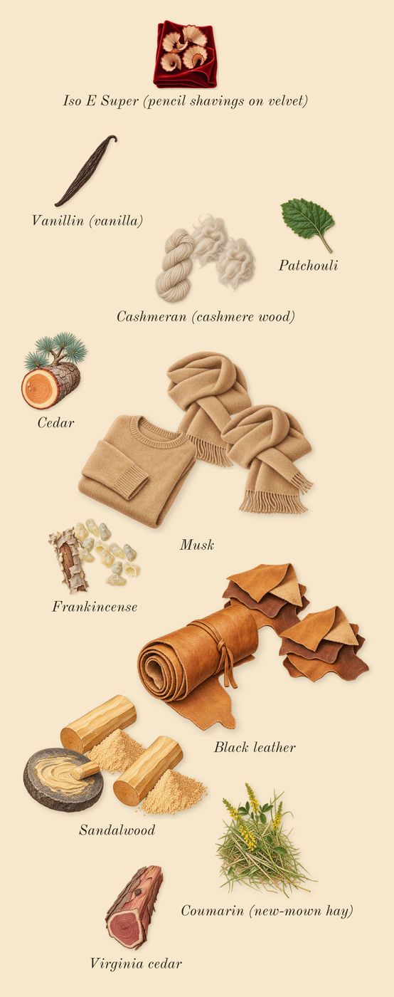Rose Exposed, dry-down: Black leather, Cashmeran (cashmere wood), Musk, Sandalwood, Frankincense, Patchouli, Virginia cedar, Cedar, Iso E Super (pencil shavings on velvet), Coumarin (new-mown hay), Vanillin (vanilla)