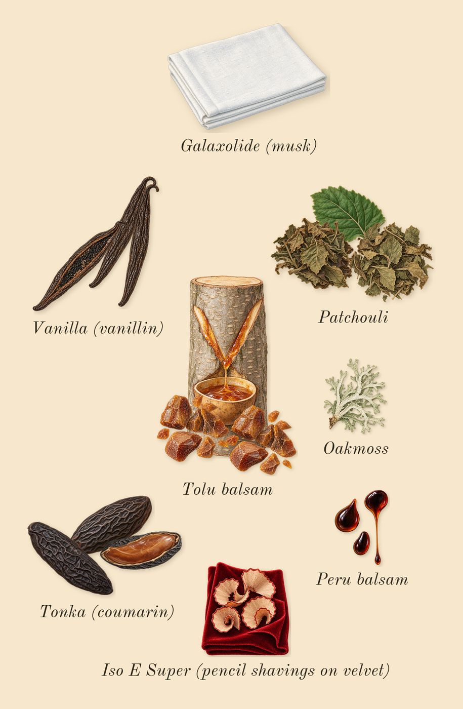 Rose Prick, dry-down: Patchouli, Tonka (coumarin), Tolu balsam, Vanilla (vanillin), Oakmoss, Peru balsam, Galaxolide (musk), Iso E Super (pencil shavings on velvet)