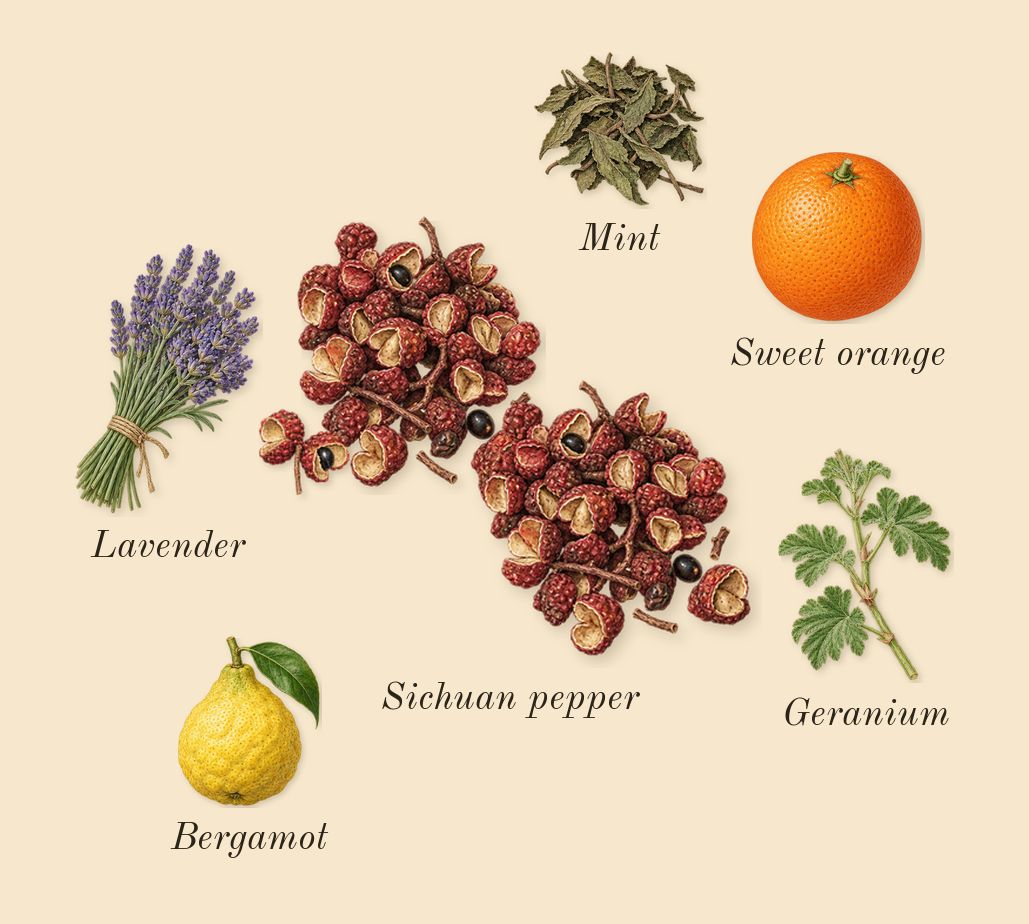 Rose Prick, top notes: Sichuan pepper, Bergamot, Geranium, Mint, Lavender, Sweet orange