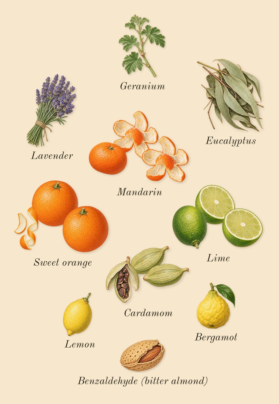 Taormina Orange, top notes: Sweet orange, Cardamom, Mandarin, Lime, Bergamot, Lemon, Lavender, Eucalyptus, Geranium, Benzaldehyde (bitter almond)