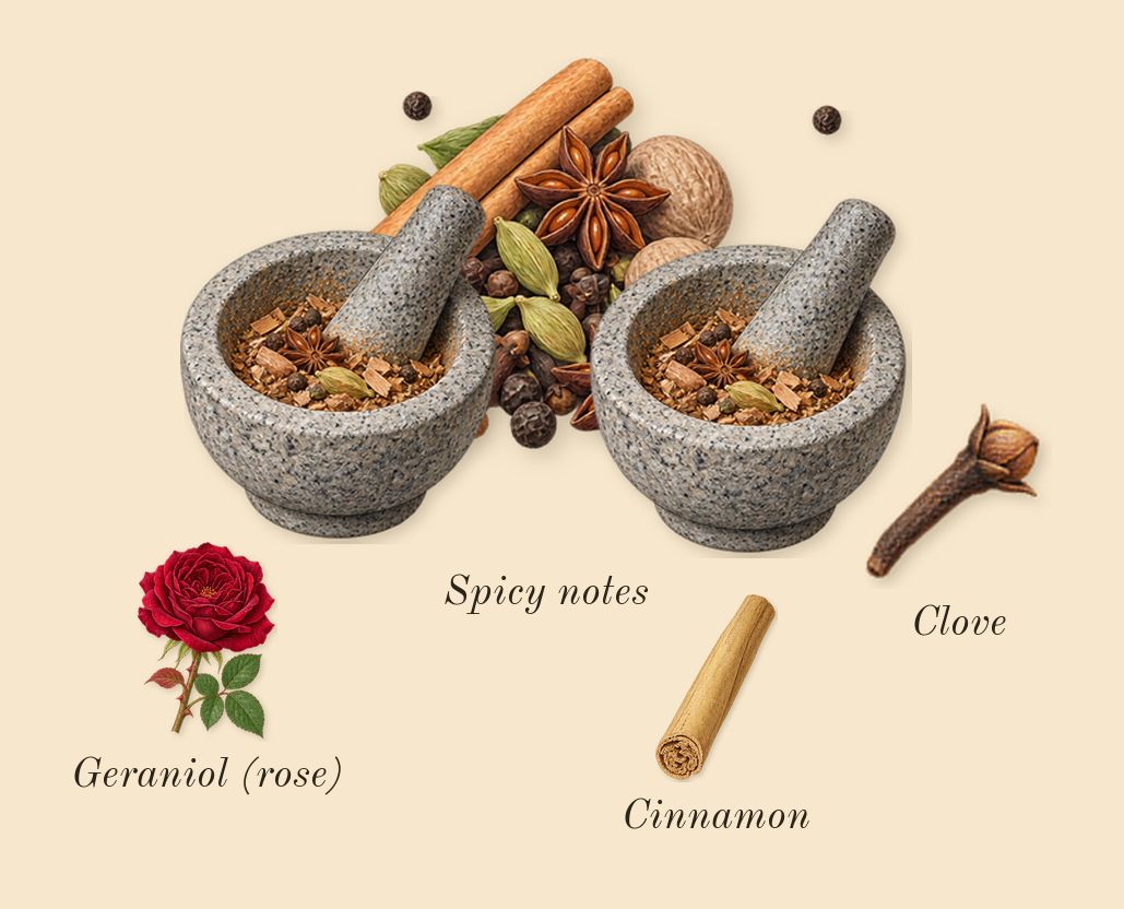 Tobacco Vanille, heart: Spicy notes, Clove, Cinnamon, Geraniol (rose)