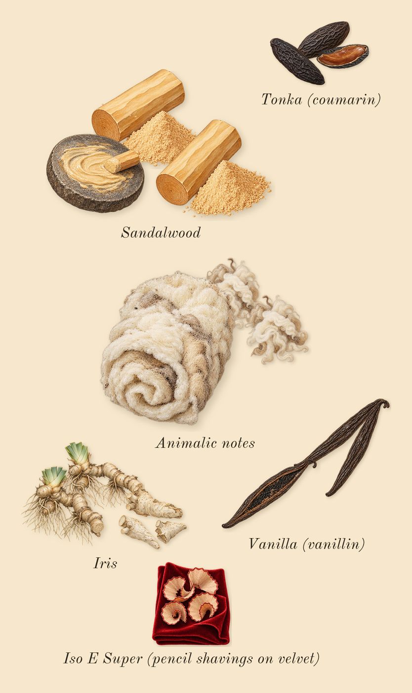 Vanilla Sex, dry-down: Vanilla (vanillin), Sandalwood, Iris, Animalic notes, Tonka (coumarin), Iso E Super (pencil shavings on velvet)