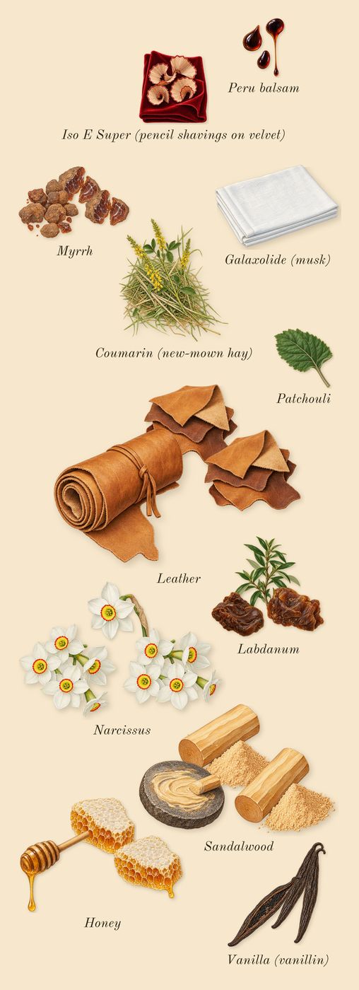 Velvet Orchid, dry-down: Sandalwood, Myrrh, Honey, Vanilla (vanillin), Narcissus, Leather, Labdanum, Patchouli, Peru balsam, Coumarin (new-mown hay), Iso E Super (pencil shavings on velvet), Galaxolide (musk)