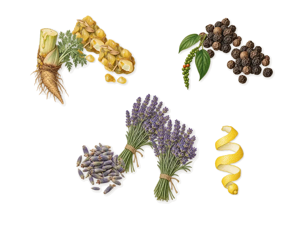 Bruma, when you spray it: Galbanum, Lavender, Black pepper, Citral (lemon)