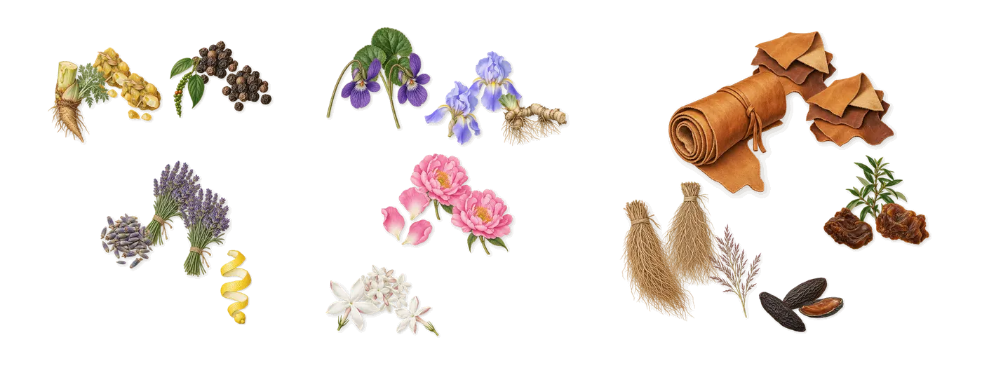 Bruma’s scent picture, a draft: galbanum, lavender, iris, violet, leather, labdanum drawn so far; dashed outlines where nothing is drawn yet