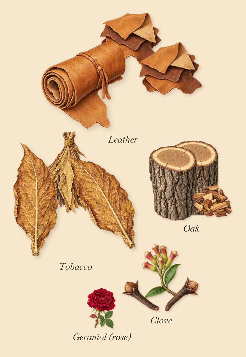 Carmen, as it settles: Oak, Clove, Leather, Tobacco, Geraniol (rose)