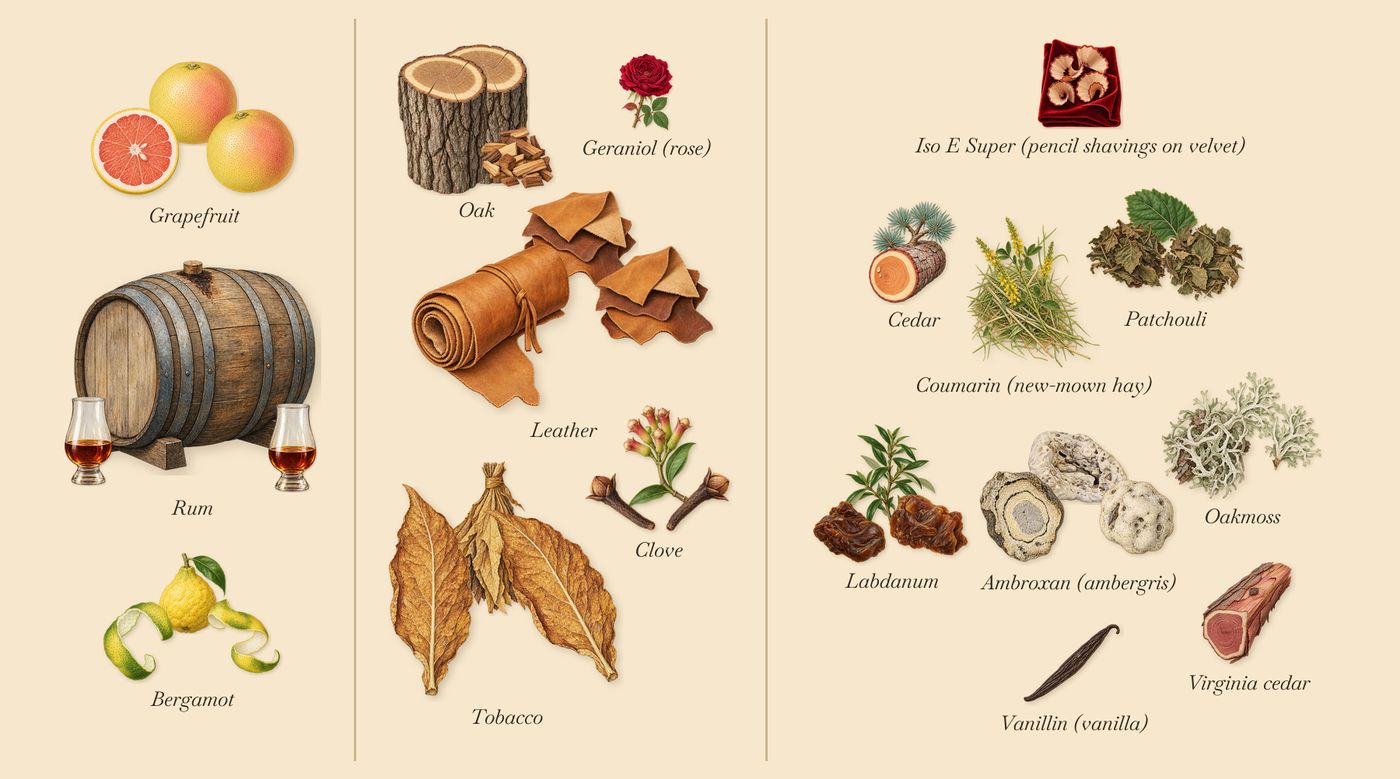 Carmen’s scent picture, a draft: bergamot, grapefruit, rum, oak, clove, leather drawn so far; dashed outlines where nothing is drawn yet