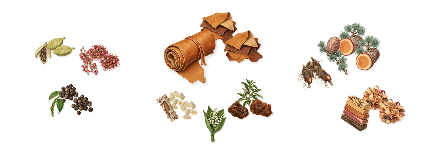 By Your Side’s scent picture, a draft: pink pepper, black pepper, cardamom, frankincense, labdanum, soft leather drawn so far; dashed outlines where nothing is drawn yet