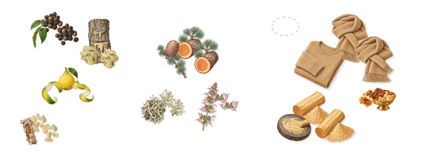 Luca’s scent picture, a draft: bergamot, black pepper, elemi, oakmoss, cedar, clary sage drawn so far; dashed outlines where nothing is drawn yet