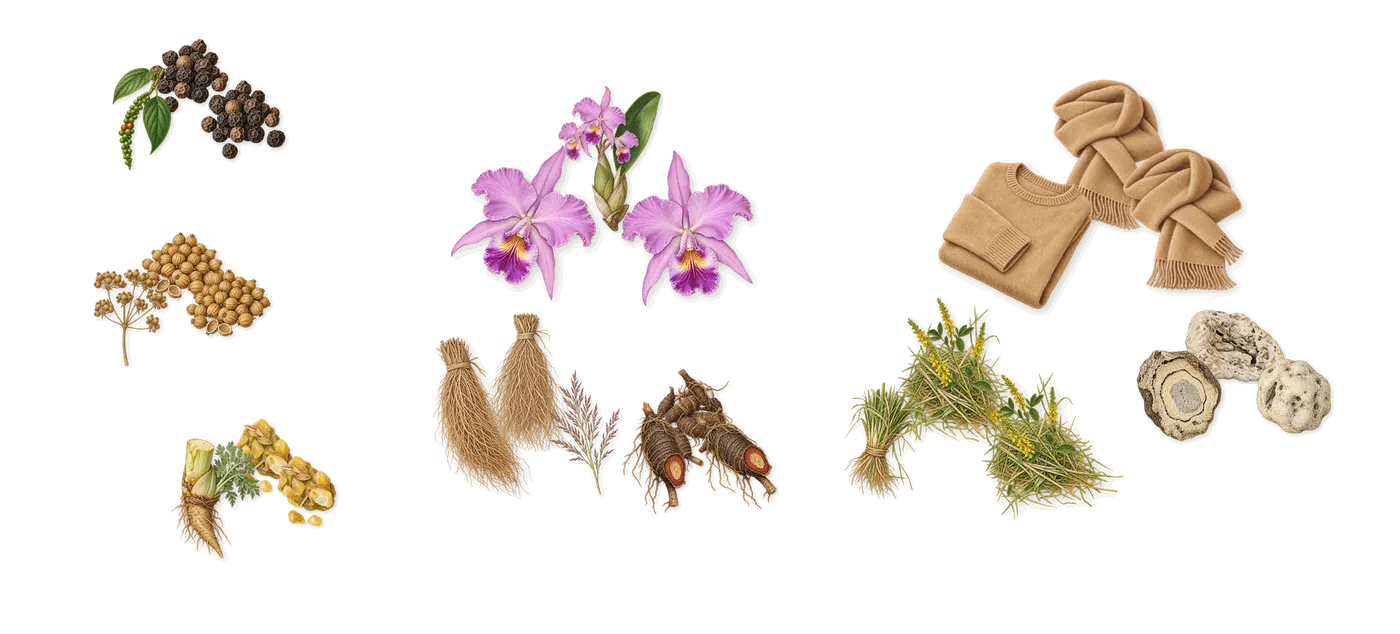 Sala’s scent picture, a draft: galbanum, coriander, black pepper, orchid, vetiver, cypriol drawn so far; dashed outlines where nothing is drawn yet