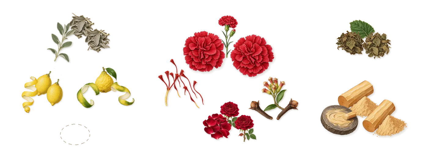 Gelée’s scent picture, a draft: bergamot, lemon, sage, clove, carnation, rose drawn so far; dashed outlines where nothing is drawn yet