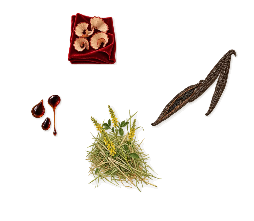Donna Born in Roma Ruby, what stays: Vanilla (vanillin), Peru balsam, Iso E Super (pencil shavings on velvet), Coumarin (new-mown hay)