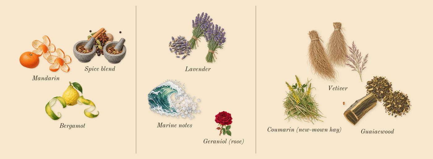 Born in Roma Uomo Extradose’s scent picture, a draft: spice blend, bergamot, mandarin, lavender, marine notes, vetiver drawn so far; dashed outlines where nothing is drawn yet