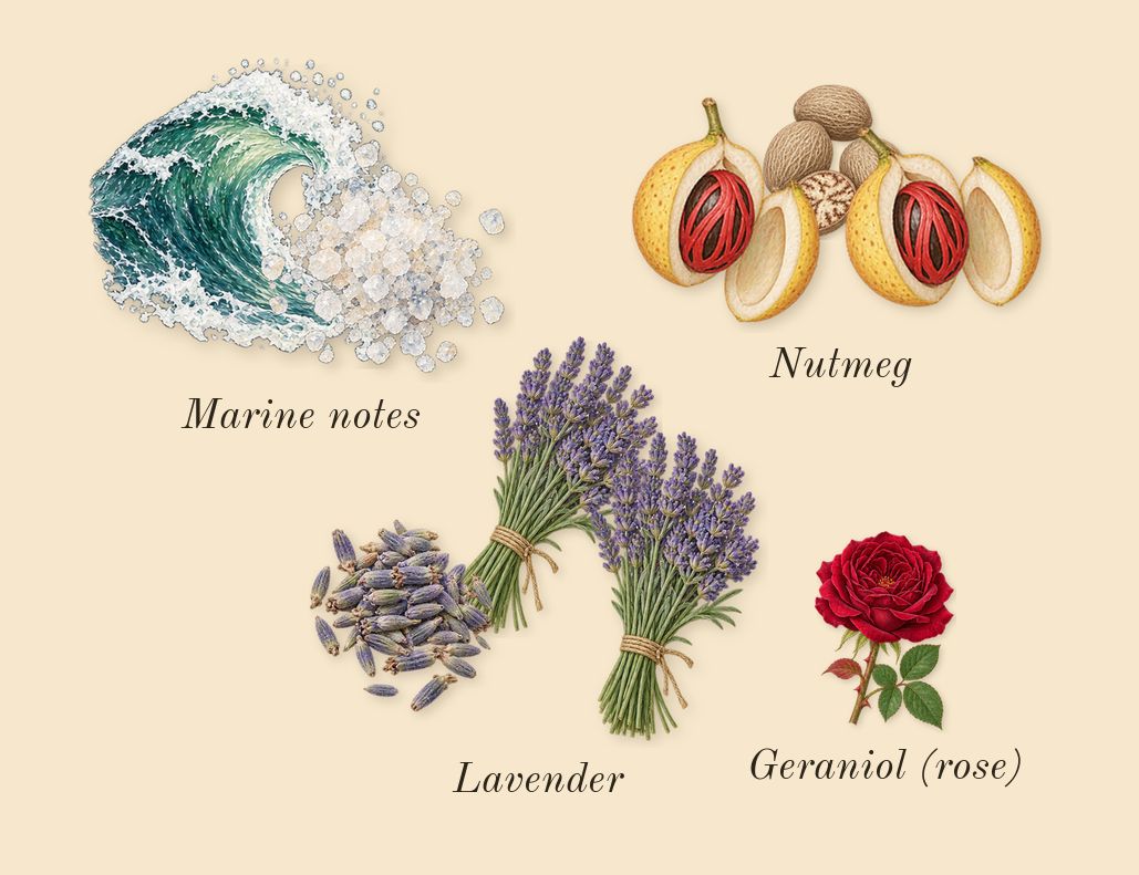 Uomo Born in Roma Intense, heart: Nutmeg, Marine notes, Lavender, Geraniol (rose)