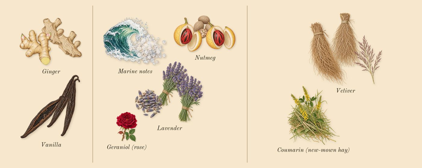 Uomo Born in Roma Intense’s scent picture, a draft: vanilla, ginger, nutmeg, marine notes, lavender, vetiver drawn so far; dashed outlines where nothing is drawn yet